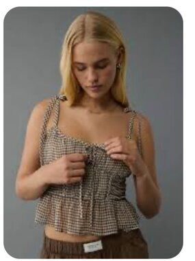 NWT American Eagle Brown White Gingham Corset Peplum Tank Top Size XL